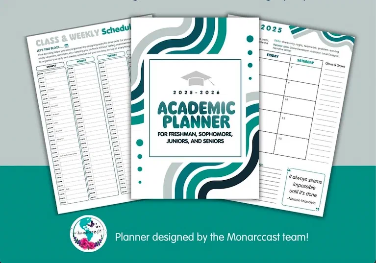 Páginas de la agenda académica de Monarccast para estudiantes de noveno a duodécimo grado