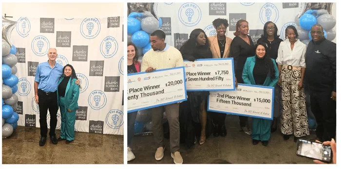 Julia Garrido at a pitch competition, next to winners holding prize checks